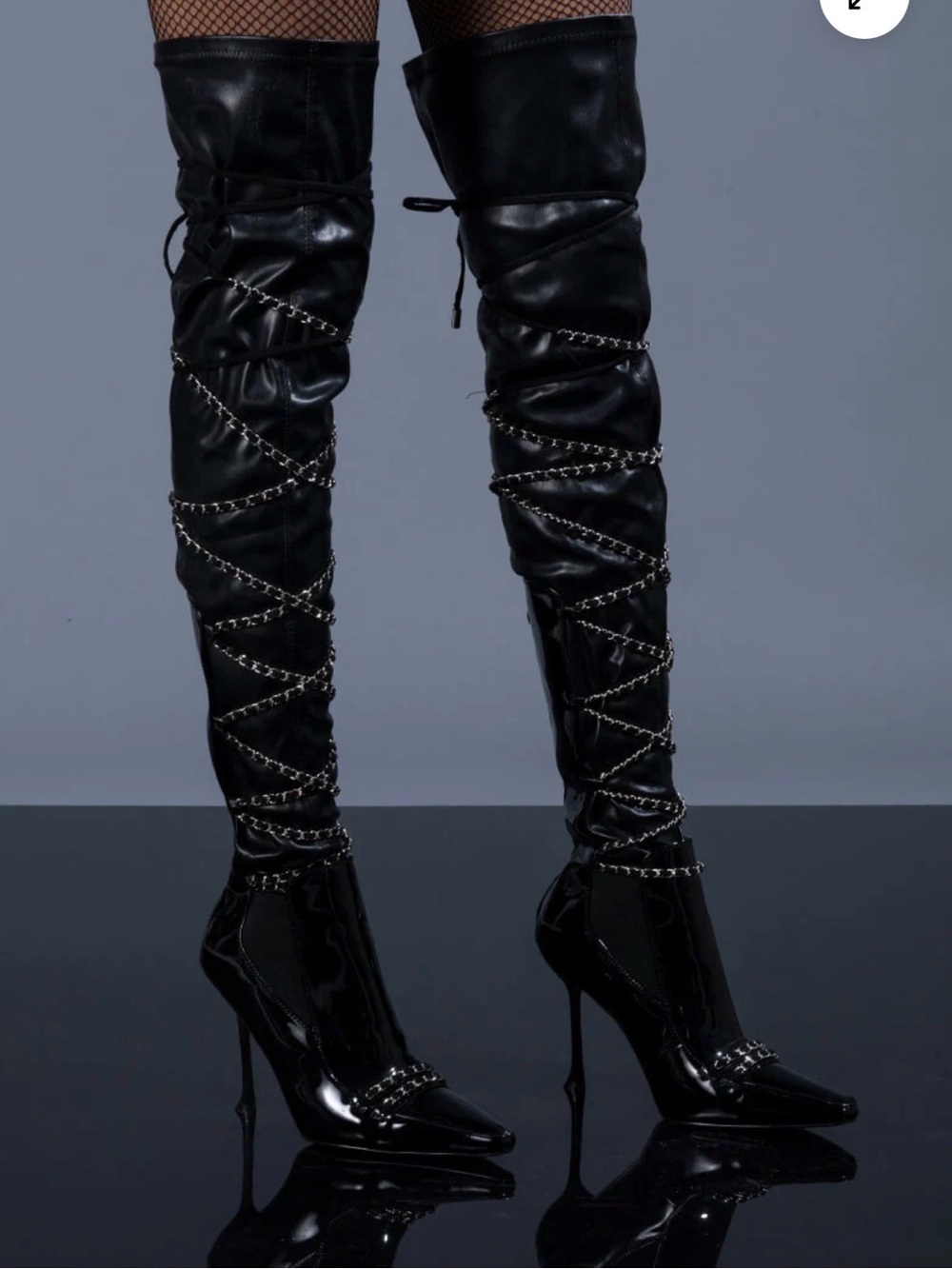 AKIRA Black Patent Over-The-Knee Stiletto Boots with Chain Detail